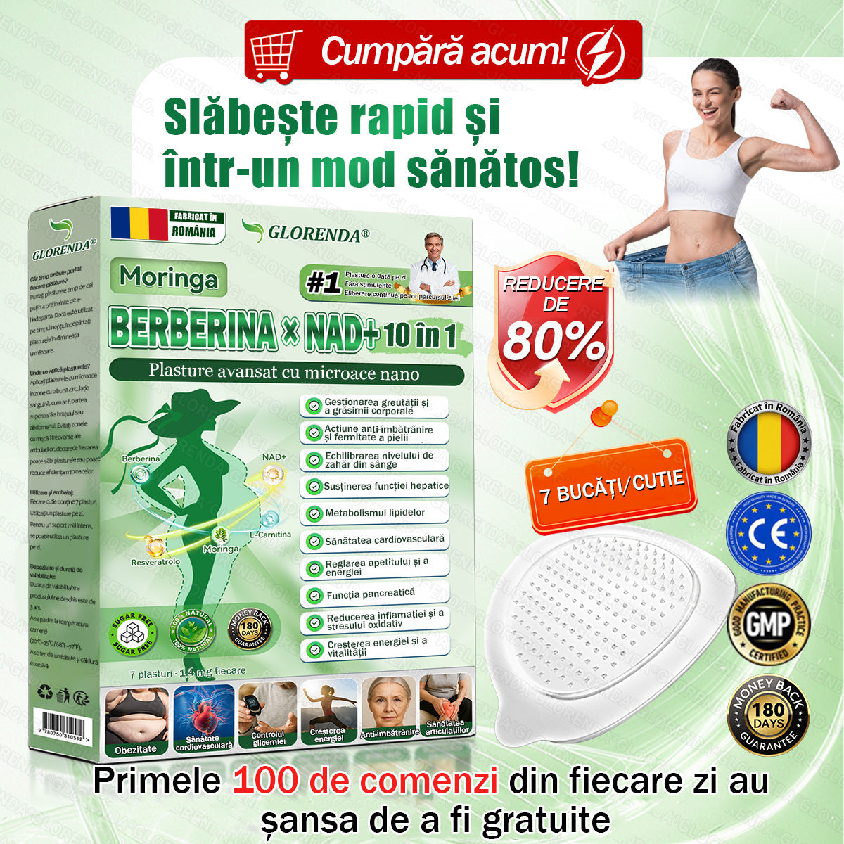 🎊Magazin Oficial | 🌿 GLORENDA® Moringa · Berberină × NAD+ Plasture Avansat Nano cu Microace 10 în 1 (Doar o dată pe zi, schimbări vizibile în 7 zile) ✅ Pentru obezitate, piele lăsată, diabet, apnee în somn, probleme articulare și multe altele（副本）